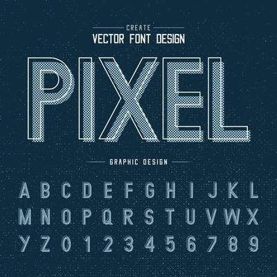 Font and alphabet vector, pixel letter design and graphic texture on dark blue background