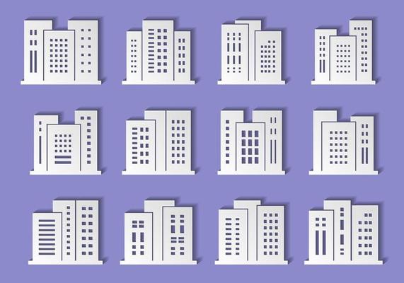 Building paper cut collection set on purple background, Architecture modern origami design