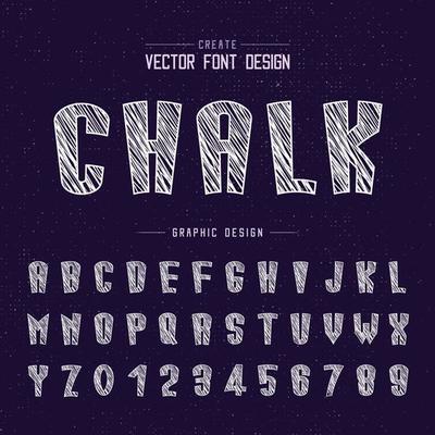 Chalk cartoon font and alphabet vector, Tall typeface letter and number design, Graphic text on grunge background