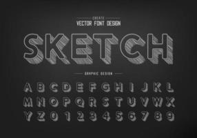 Pencil sketch shadow font and round alphabet vector, Chalk design typeface and number vector