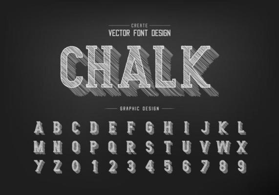 Chalk shadow font and alphabet vector, Pencil sketch writing style typeface letter and number design