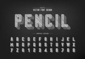 chalk shadow round font and alphabet vector, Pencil sketch typeface and letter number design vector