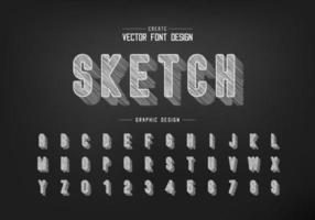 Chalk shadow round font and alphabet vector, Pencil sketch letter typeface and number design vector