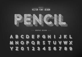 Chalk shadow round font and alphabet vector, Pencil sketch design typeface and number vector