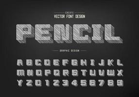 Chalk shadow bold Font and alphabet vector, Pencil sketch square typeface letter and number design vector