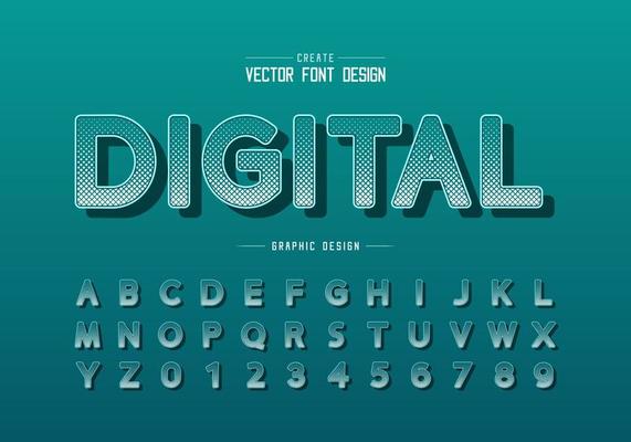 Halftone square font and round alphabet vector, Digital design typeface and number