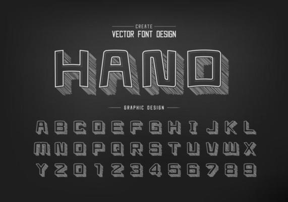 Pencil sketch shadow cartoon font and alphabet vector, Chalk square typeface letter and number design