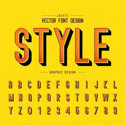Font and alphabet vector, style letter design and graphic shadow text on grunge yellow background