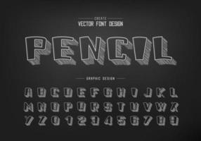 Pencil sketch shadow cartoon font and alphabet vector, Chalk bold typeface and number design vector