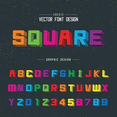 3D Font color and alphabet vector, Writing Square typeface letter design, Script Graphic text on background