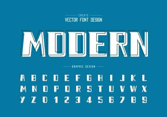 Line font with white shadow bold Font and alphabet vector, Modern Typeface and number design