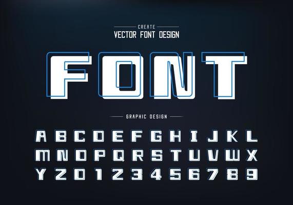 Line font with white shadow and bold alphabet vector, Square typeface letter and number design, Graphic text on background
