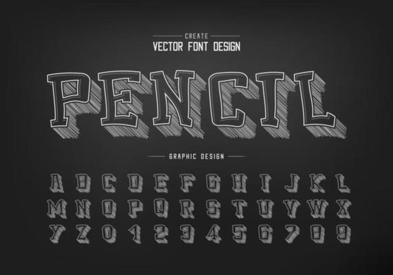 Pencil sketch shadow font and cartoon alphabet vector, Chalk typeface and number design