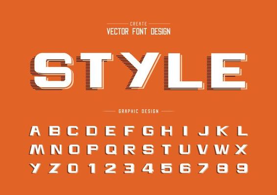 Bold Font and alphabet vector, Line Design typeface letter and number, Graphic text with Striped Shadow on background