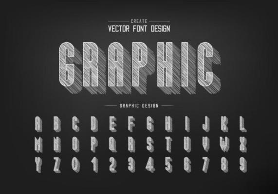 chalk shadow font and alphabet vector, Pencil sketch tall typeface letter and number design