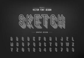 Pencil sketch shadow font and alphabet vector, Chalk letter style typeface and number design vector