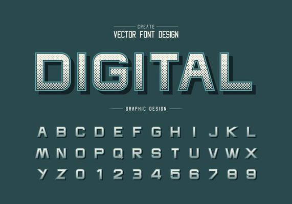 Halftone hexagon font and alphabet vector, Digital design typeface letter and number