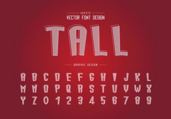 Pixel cartoon font and alphabet vector, Tall typeface letter and number design, Graphic text on background