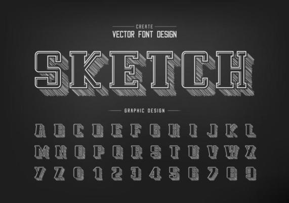 Pencil sketch shadow bold font and alphabet vector, Chalk script and number design