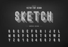 chalk shadow font and alphabet vector, Pencil sketch letter style typeface and number design vector