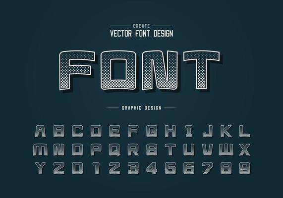 Halftone hexagon font and cartoon alphabet vector, Digital square typeface letter and number design