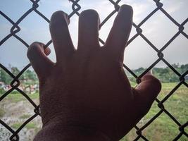 hand holding iron fence net photo
