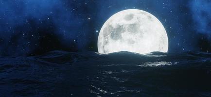The big moon shines behind the sea with stars and clouds in the background.  3D rendering. photo