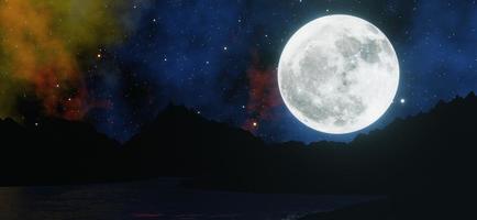 The big moon shines behind the sea and mountains with stars and colorful clouds in the background.  3D rendering. photo