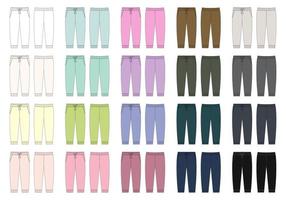 Set of sport style pants with pockets technical sketch. KIds trousers design template collection.