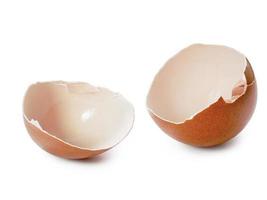 la cáscara del huevo se ha roto. cáscara de huevo de pollo marrón aislado sobre fondo blanco foto
