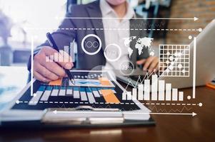 Intelligence and business analytics with dashboard concept.Website designer working in come digital tablet computer laptop. photo