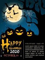 Halloween vertical background with pumpkin, haunted house and full moon. Flyer or invitation template for Halloween party. Vector illustration.