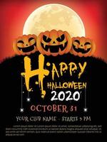 Halloween vertical background with pumpkin, haunted house and full moon. Flyer or invitation template for Halloween party. Vector illustration.