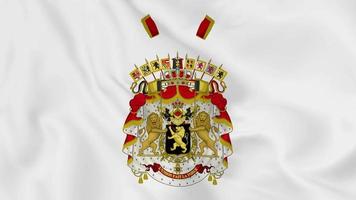 escudo de armas del emblema nacional o símbolo del reino de bélgica en bandera ondeante. bucle suave de video 4k sin problemas