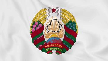 stemma nazionale emblema o simbolo della bielorussia in sventola bandiera. ciclo continuo senza interruzioni di video 4k