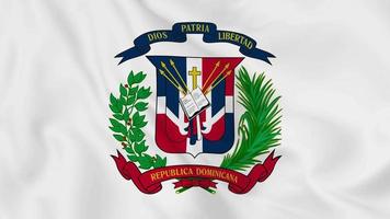 emblema nacional escudo de armas o símbolo de república dominicana, dios, patria, libertad, en bandera ondeante. bucle sin problemas de video 4k en bandera ondeante. bucle suave de video 4k sin problemas