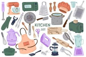 Hand drawn vector illustration kitchen tools big set isolated on white background. Flat vector illustrations of cookware objects and accessories collection