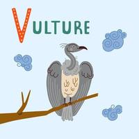 Cute vulture vector illustration on blue sky with clouds in cartoon flat style. Vector bird on branch