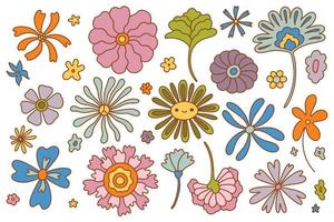 Large set of retro groovy flowers. Collection of vector flowers in hippie style