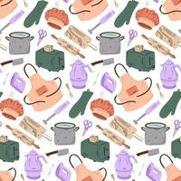 herramientas de cocina y cocina de patrones sin fisuras en estilo doodle. fondo vectorial con utensilios de cocina en colores vector