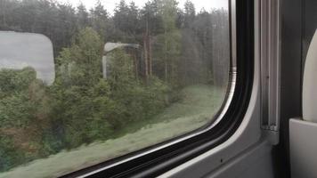 Rainy weather through window while travel in train in Lithuania in summer video