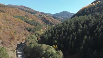 carretera asfaltada gire a la derecha rodeada de naturaleza otoñal verde amarilla. viaje por carretera cáucaso