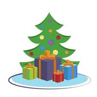 árbol de navidad con globos y regalos coloridos. envoltura de regalos con lazos. vector