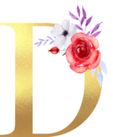 flores de acuarela con alfabeto dorado png