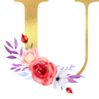 aquarel bloemen met gouden alfabet png