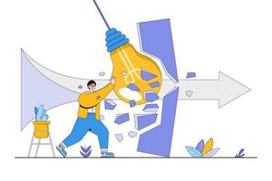 Breakthrough obstacle, innovation strategy, leadership determination overcoming difficult problems, achievement goal concepts. Businessman boss breaking walls using idea and creativity of lightbulb vector