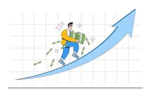 Investment profit growing, stock market growth, earn more income, increase wealth or financial, raise revenue, inflation concepts. Fund manager hold pile of money and running up on rising graph arrow vector