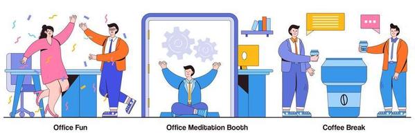 Office fun, meditation booth, coffee break concept with people character. Stress management at work vector illustration set. Employee wellbeing, team building activity, relax room, yoga break
