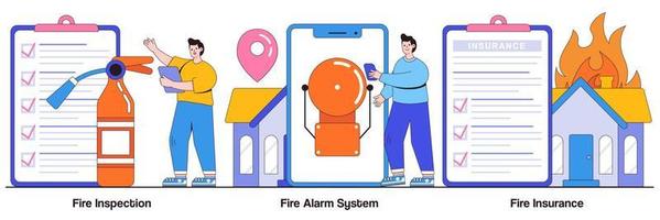 Fire inspection, fire alarm system, fire insurance concept with tiny people. Real estate damage compensation vector illustration set. Firefighter equipment, notification technology control metaphor