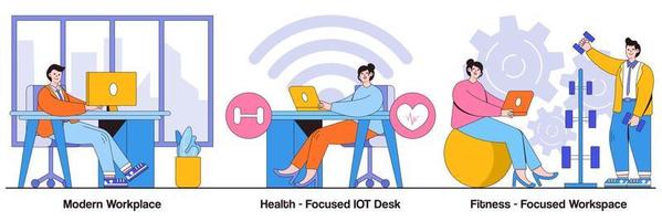 Modern workplace, health-focused IOT desks, fitness-focused lifestyle concept with people character. Modern office vector illustration set. Employee happiness and well-being, activity tracking